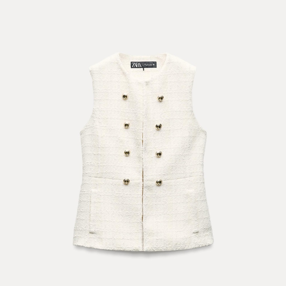 ZARA NWT Cream Tweed Double-Breasted Sleeveless Vest